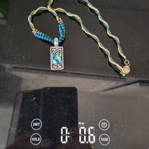 18" Beaded Gold and Green necklace with 1" silver Pendant with rainbow stone - Picture 4 of 11